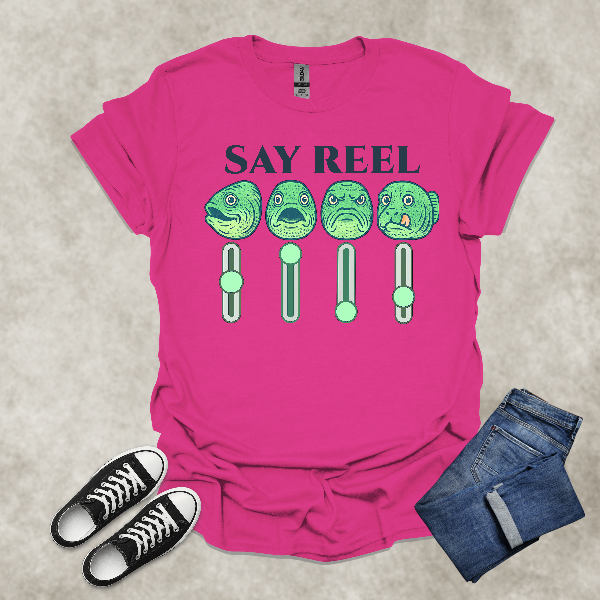 SAY REEL — Fishing & Music Satire Tee: Unisex Softstyle T-Shirt