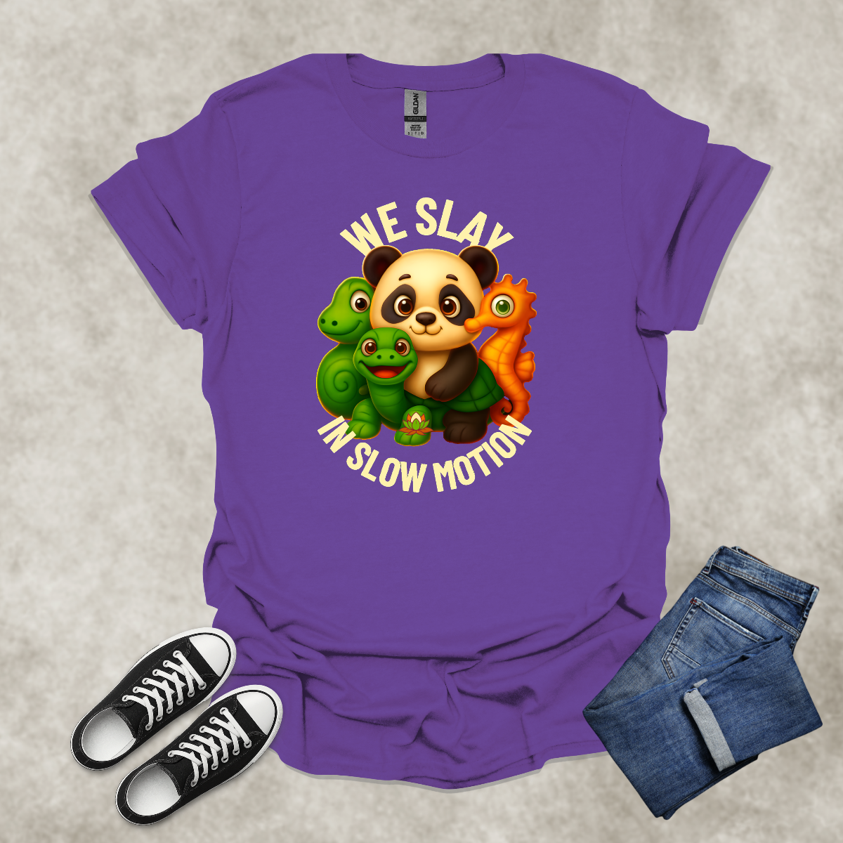 WE SLAY IN SLOW MOTION — Anti-Hustle Lifestyle Tee: Unisex Softstyle T-Shirt