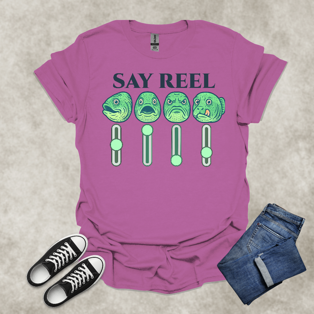 SAY REEL — Fishing & Music Satire Tee: Unisex Softstyle T-Shirt