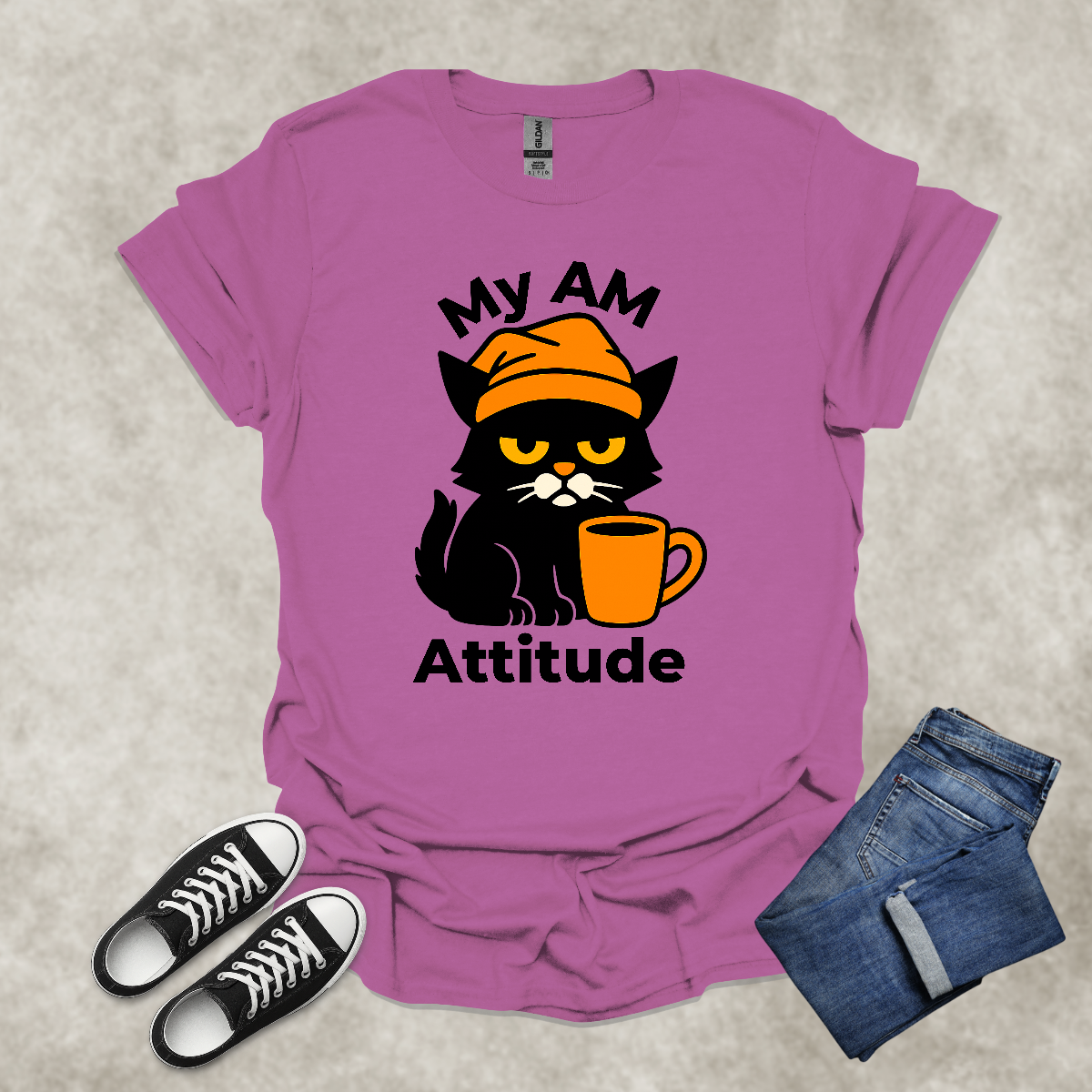 MY AM ATTITUDE — Coffee & Cat Humor Tee: Unisex Softstyle T-Shirt