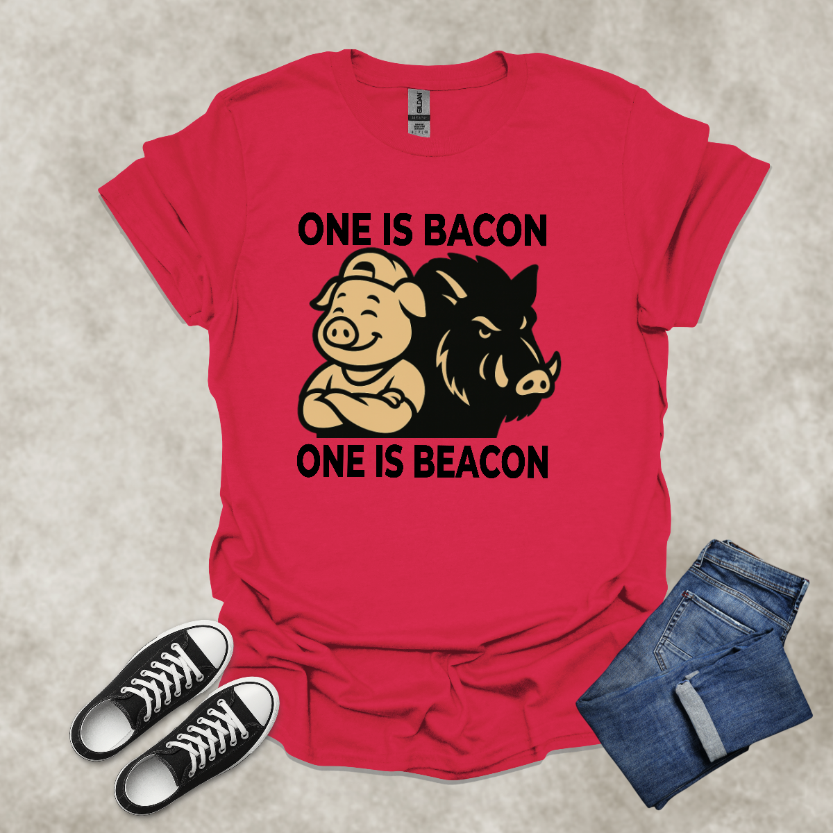 ONE IS BACON: ONE IS BEACON — Food & Wordplay Satire Tee: Unisex Softstyle T-Shirt