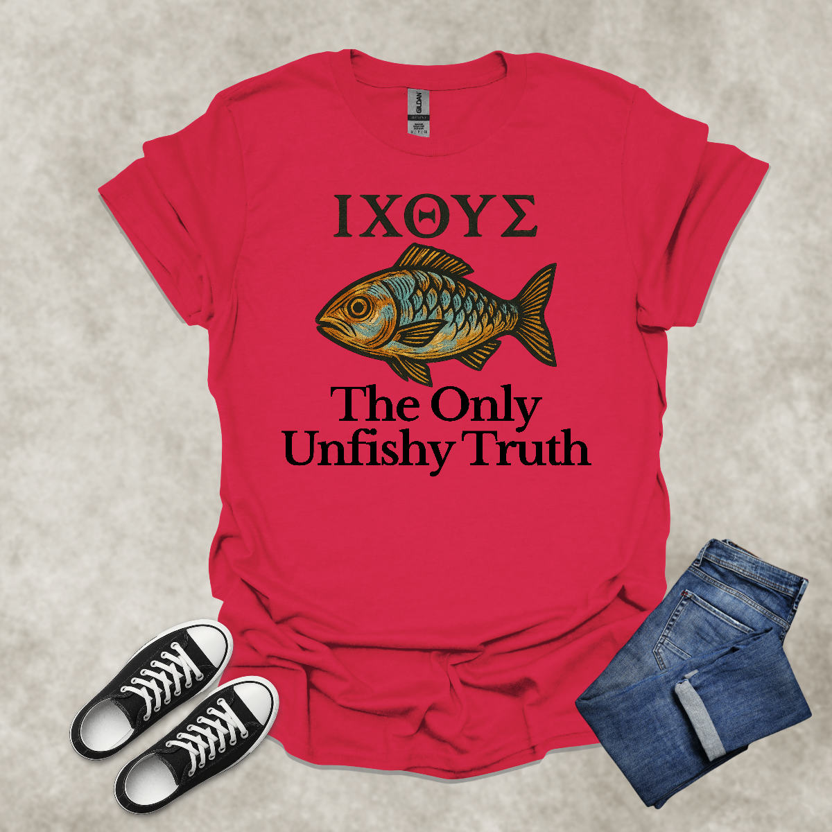 ΙΧΘΥΣ. THE ONLY UNFISHY TRUTH — Scripture-Inspired Graphic Tee: Unisex Softstyle T-Shirt