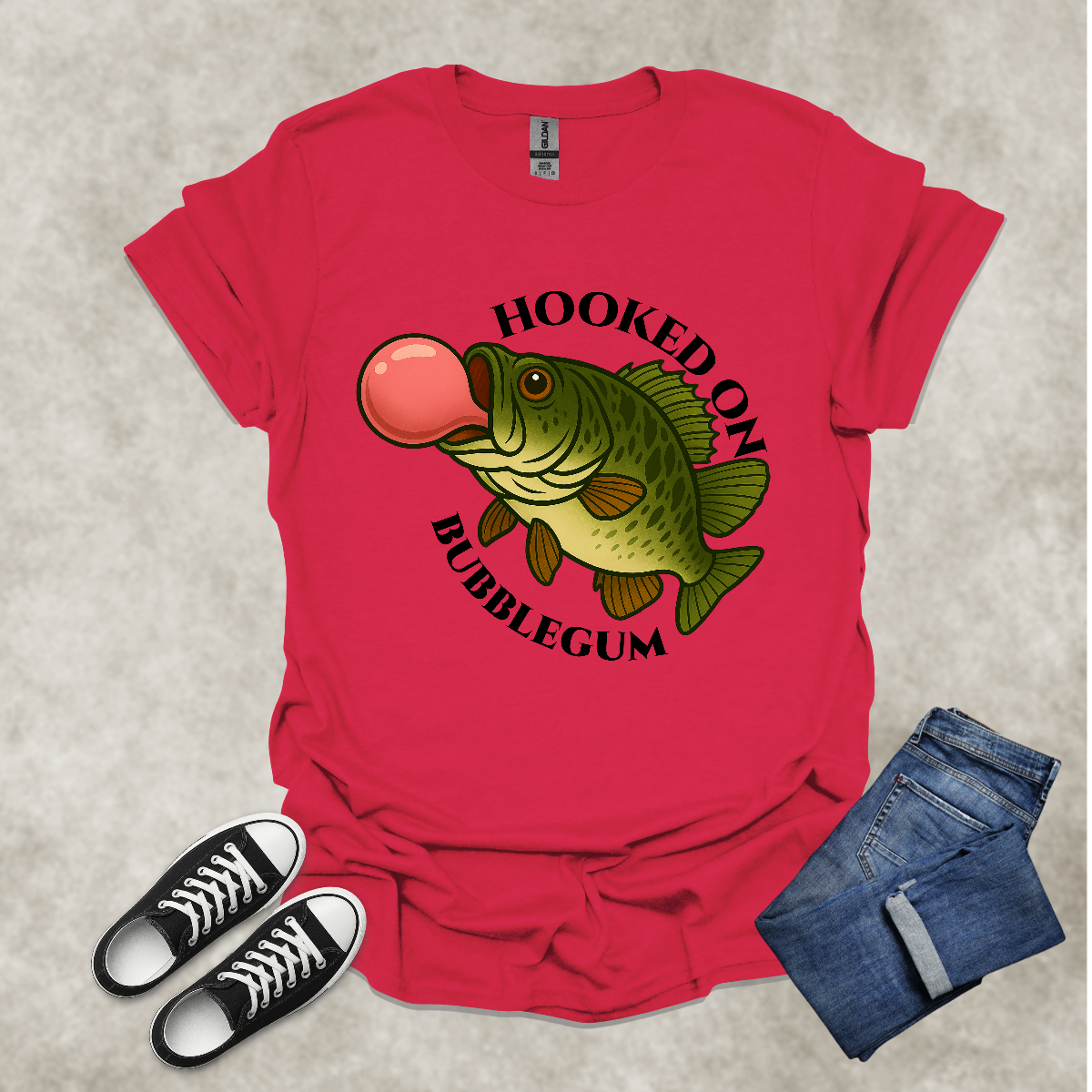 HOOKED ON BUBBLEGUM — Fishing Humor Graphic Tee: Unisex Softstyle T-Shirt