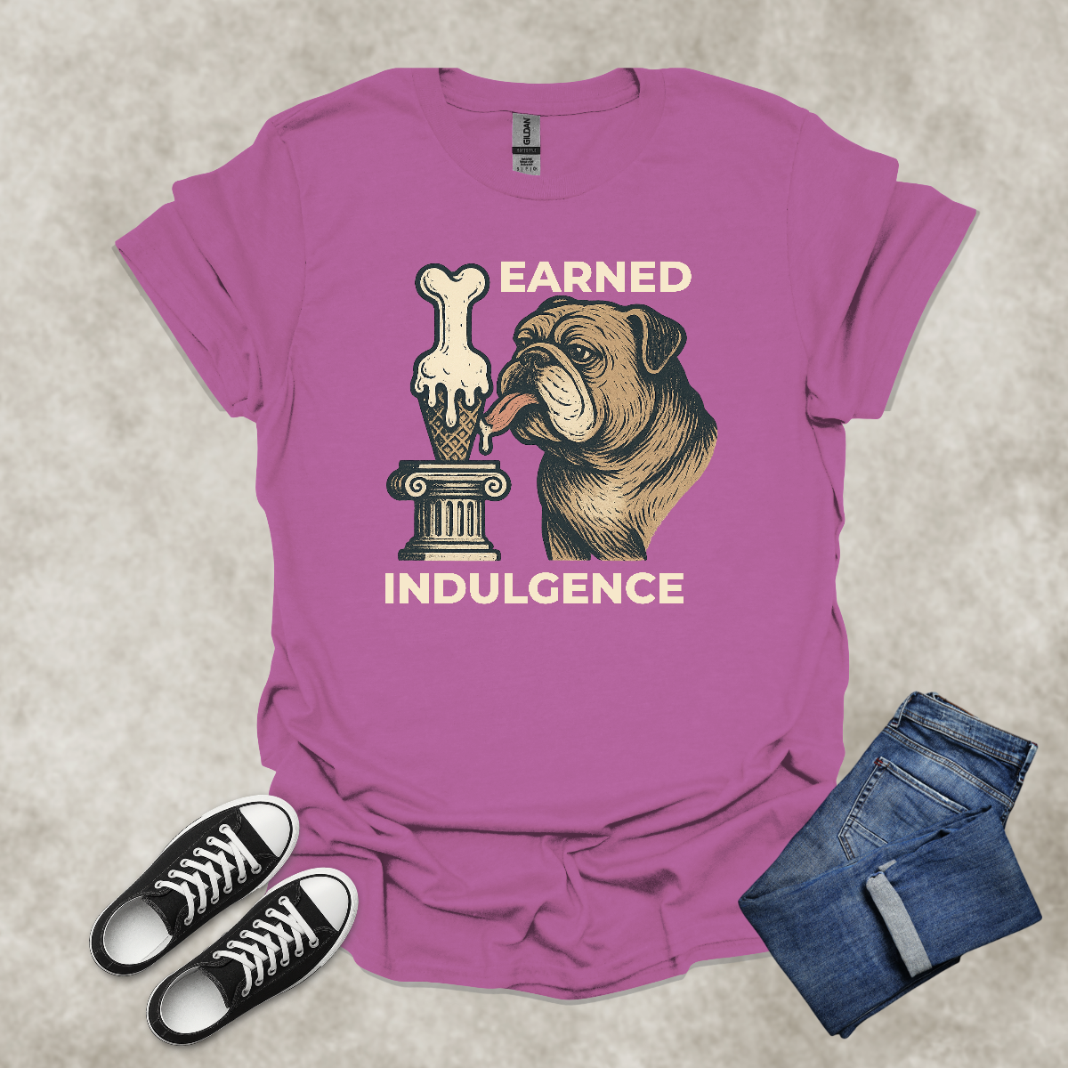 EARNED INDULGENCE — Bulldog Humor Graphic Tee: Unisex Softstyle T-Shirt
