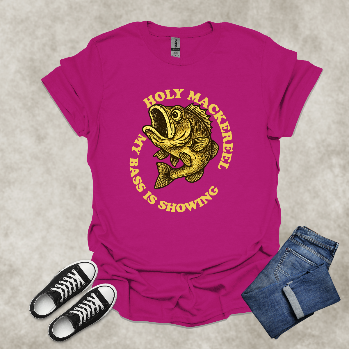 HOLY MACKEREEL: MY BASS IS SHOWING — Fishing Humor Graphic Tee: Unisex Softstyle T-Shirt