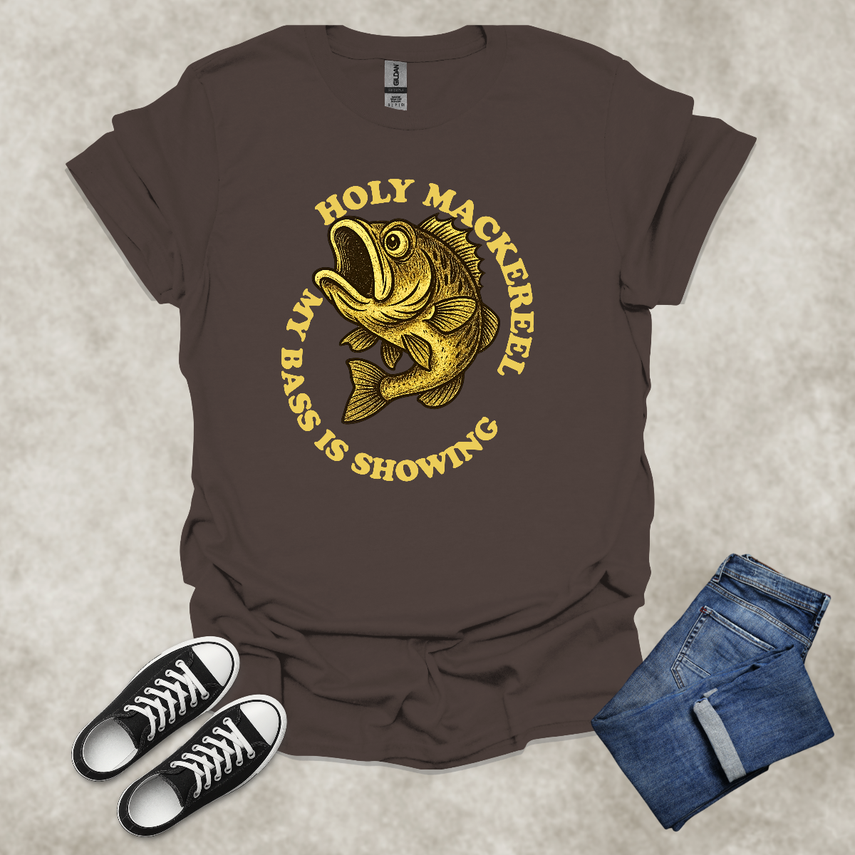 HOLY MACKEREEL: MY BASS IS SHOWING — Fishing Humor Graphic Tee: Unisex Softstyle T-Shirt