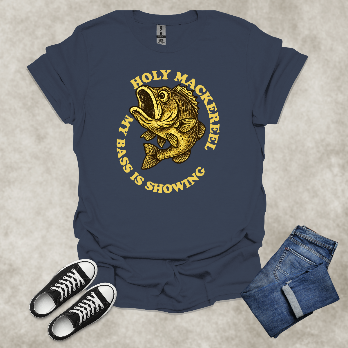 HOLY MACKEREEL: MY BASS IS SHOWING — Fishing Humor Graphic Tee: Unisex Softstyle T-Shirt
