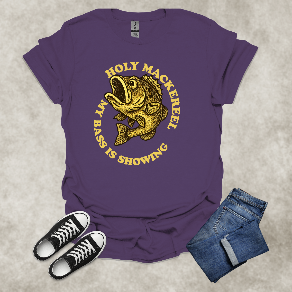 HOLY MACKEREEL: MY BASS IS SHOWING — Fishing Humor Graphic Tee: Unisex Softstyle T-Shirt