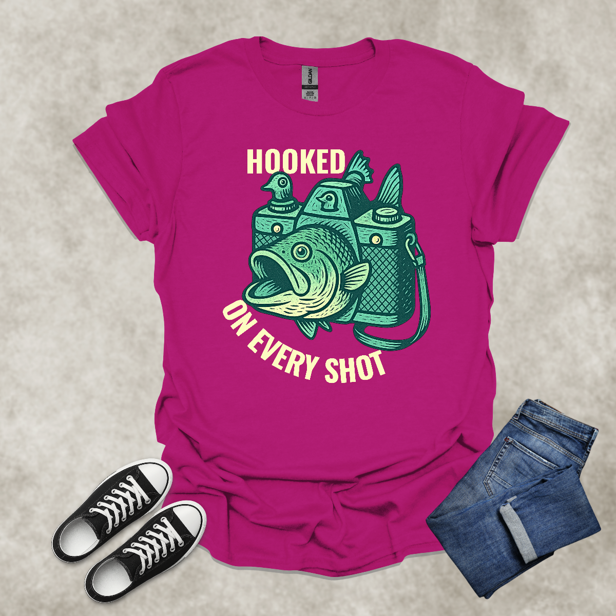 HOOKED ON EVERY SHOT — Fishing Photography Humor Tee: Unisex Softstyle T-Shirt