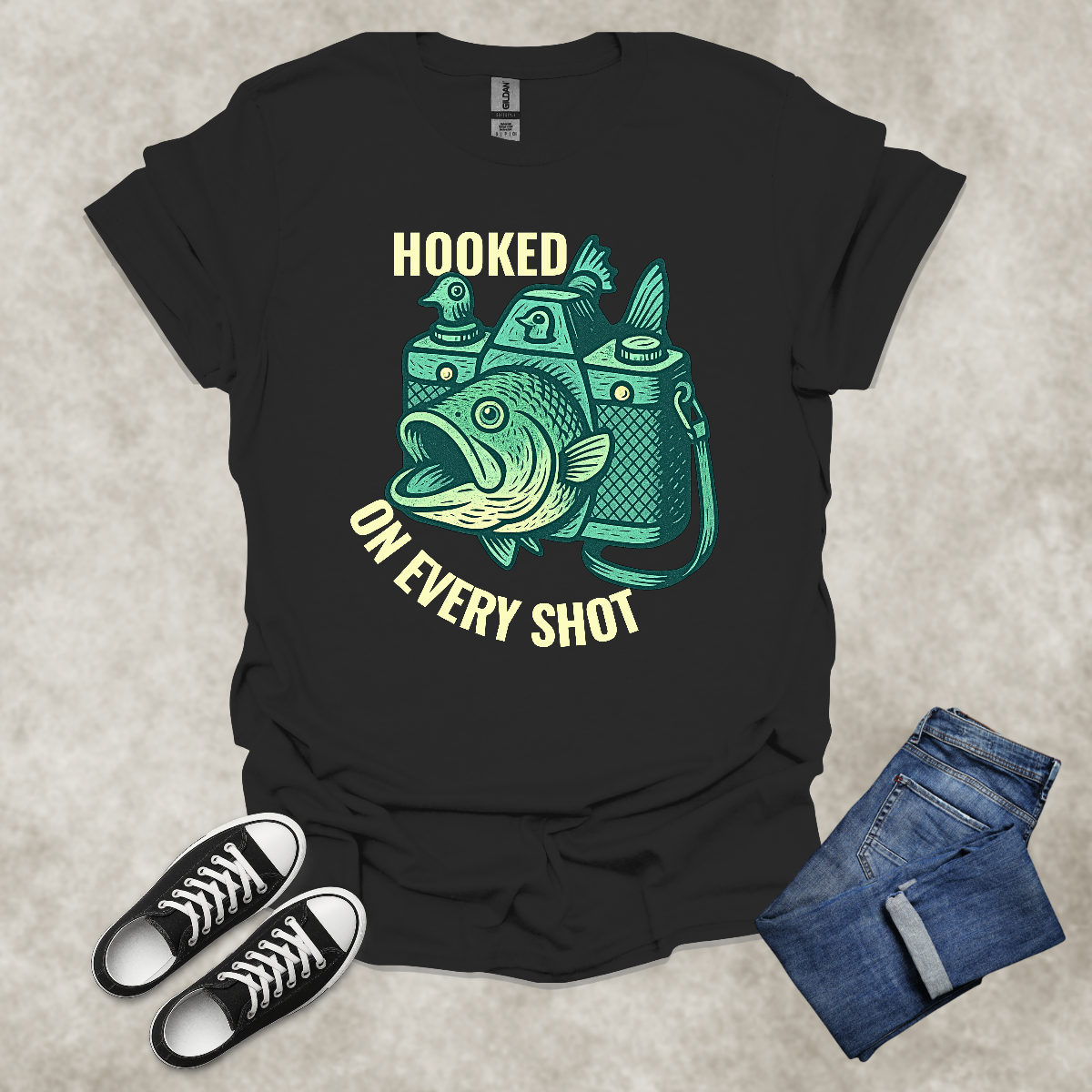 HOOKED ON EVERY SHOT — Fishing Photography Humor Tee: Unisex Softstyle T-Shirt