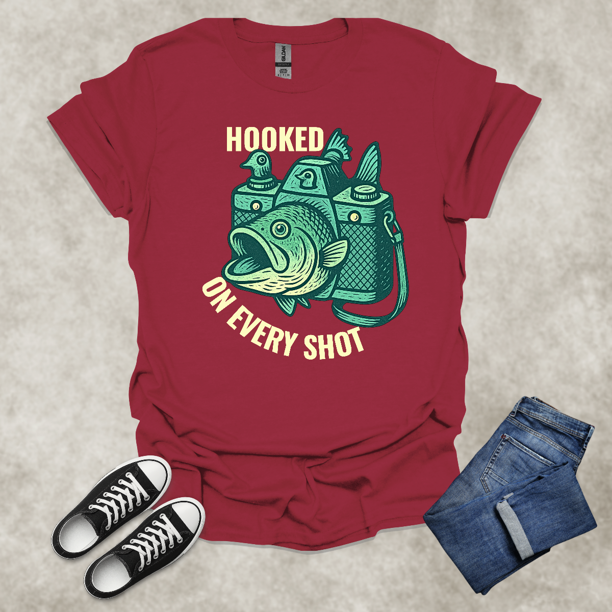 HOOKED ON EVERY SHOT — Fishing Photography Humor Tee: Unisex Softstyle T-Shirt