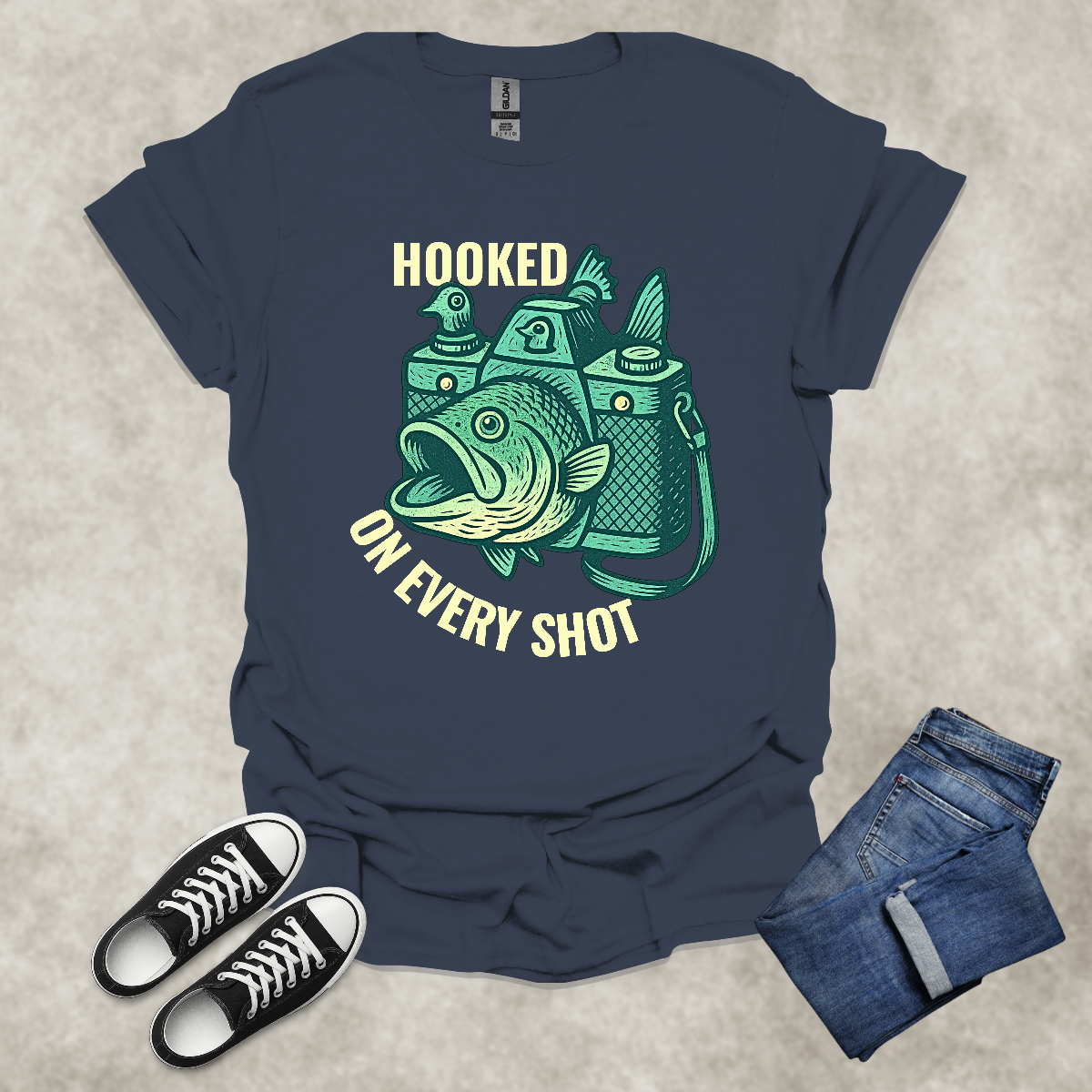 HOOKED ON EVERY SHOT — Fishing Photography Humor Tee: Unisex Softstyle T-Shirt