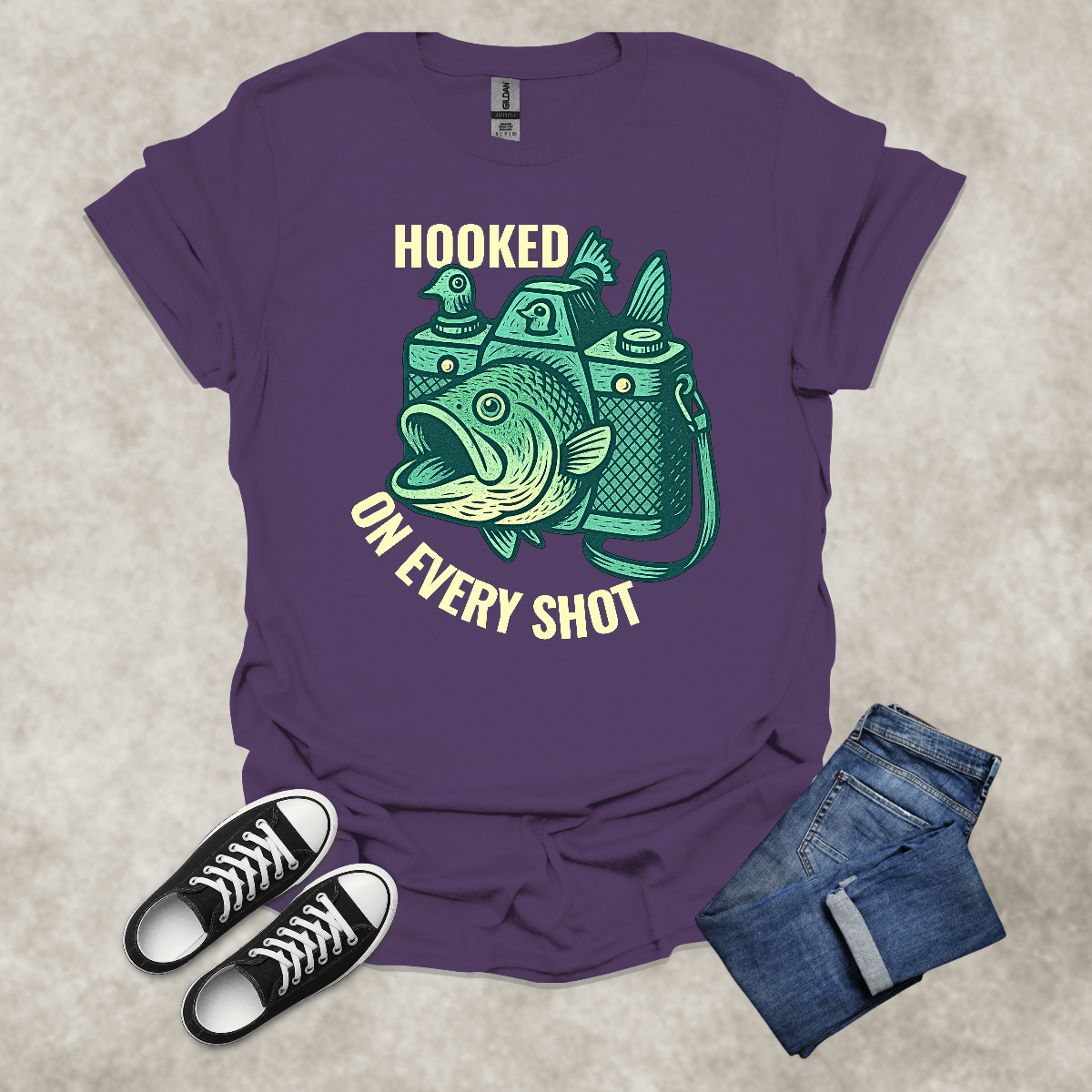 HOOKED ON EVERY SHOT — Fishing Photography Humor Tee: Unisex Softstyle T-Shirt