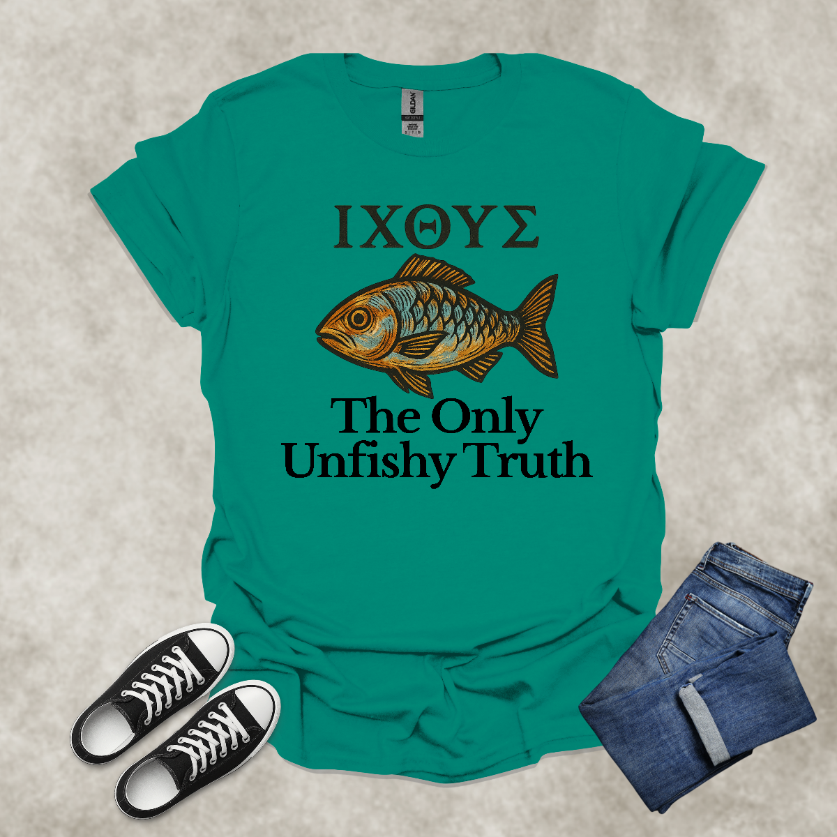 ΙΧΘΥΣ. THE ONLY UNFISHY TRUTH — Scripture-Inspired Graphic Tee: Unisex Softstyle T-Shirt