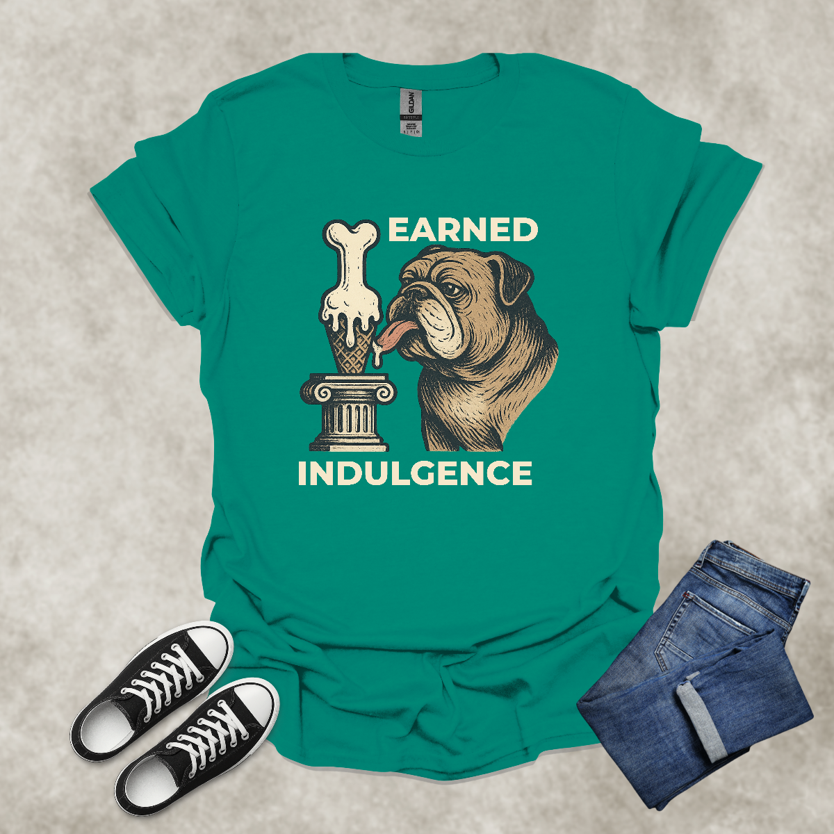 EARNED INDULGENCE — Bulldog Humor Graphic Tee: Unisex Softstyle T-Shirt