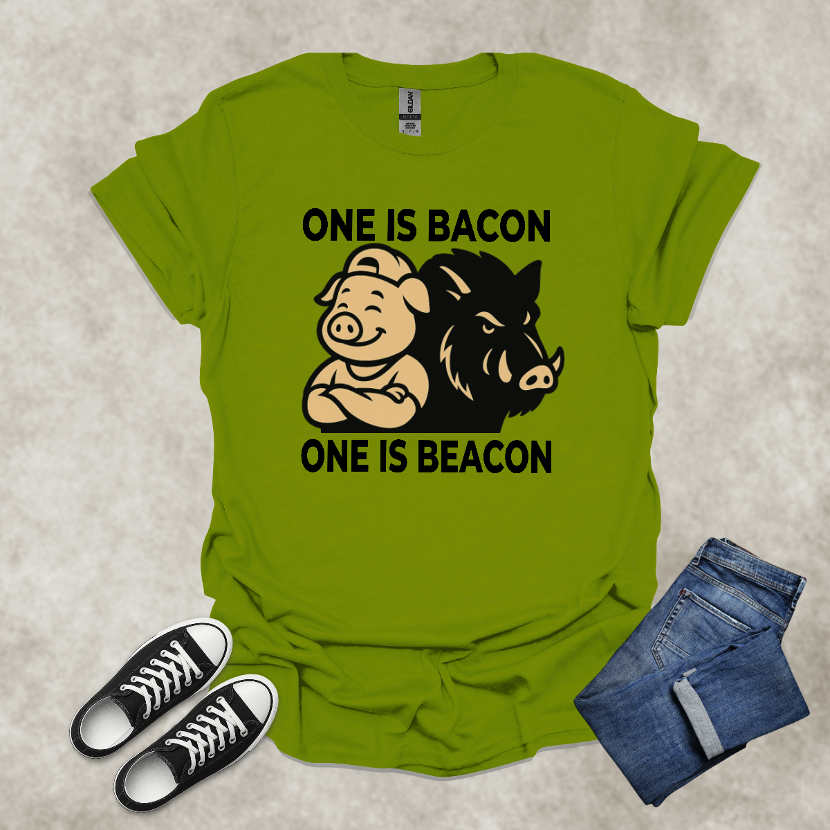 ONE IS BACON: ONE IS BEACON — Food & Wordplay Satire Tee: Unisex Softstyle T-Shirt