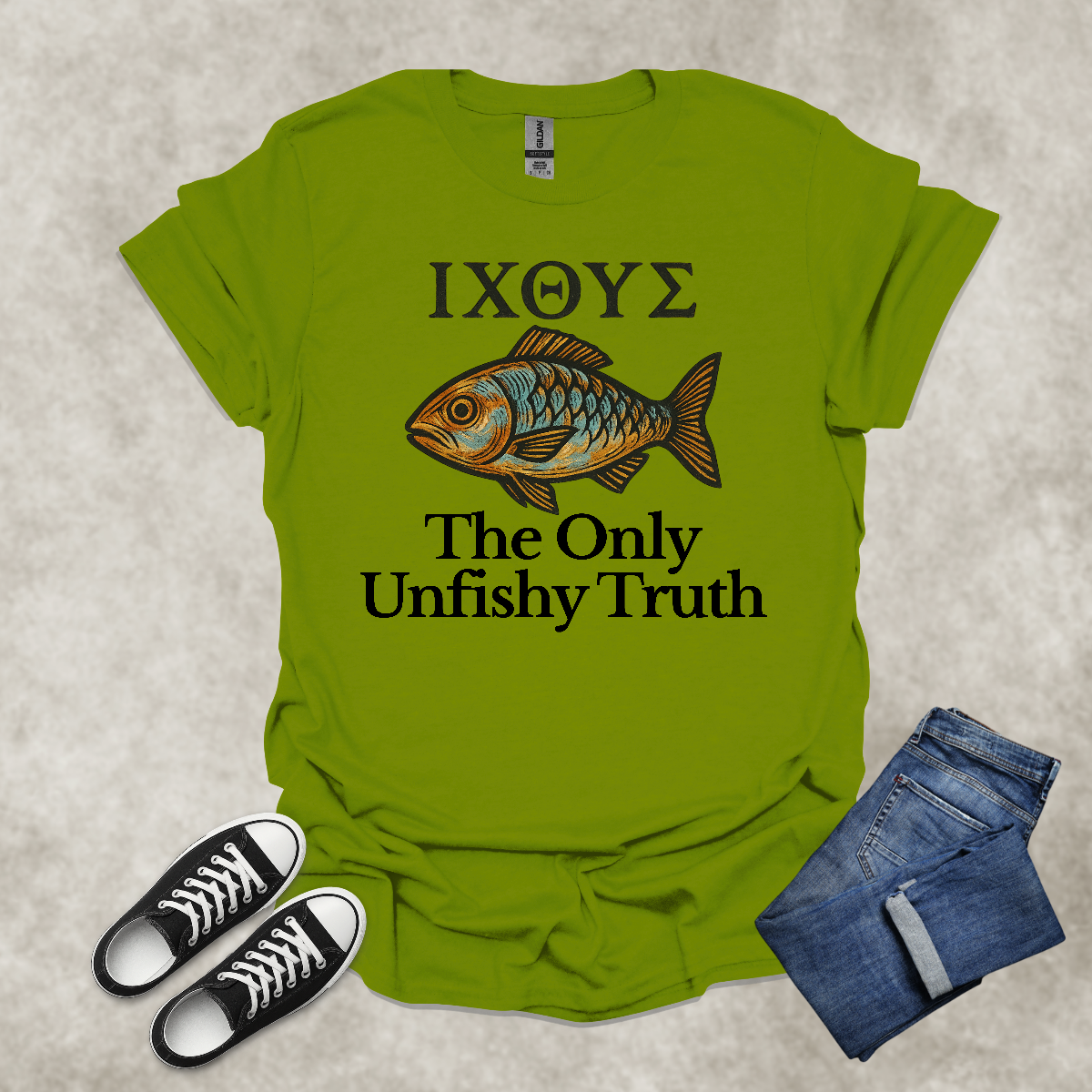 ΙΧΘΥΣ. THE ONLY UNFISHY TRUTH — Scripture-Inspired Graphic Tee: Unisex Softstyle T-Shirt