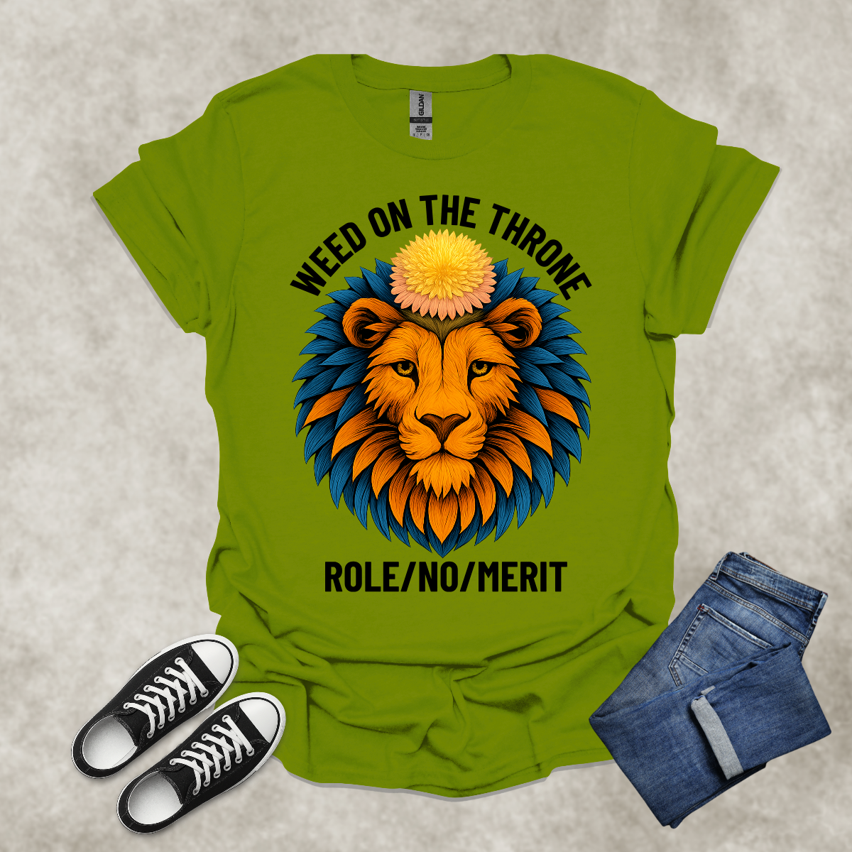 DANDELION ON THE THRONE: ROLE/NO/MERIT — Corporate Satire Tee: Unisex Softstyle T-Shirt