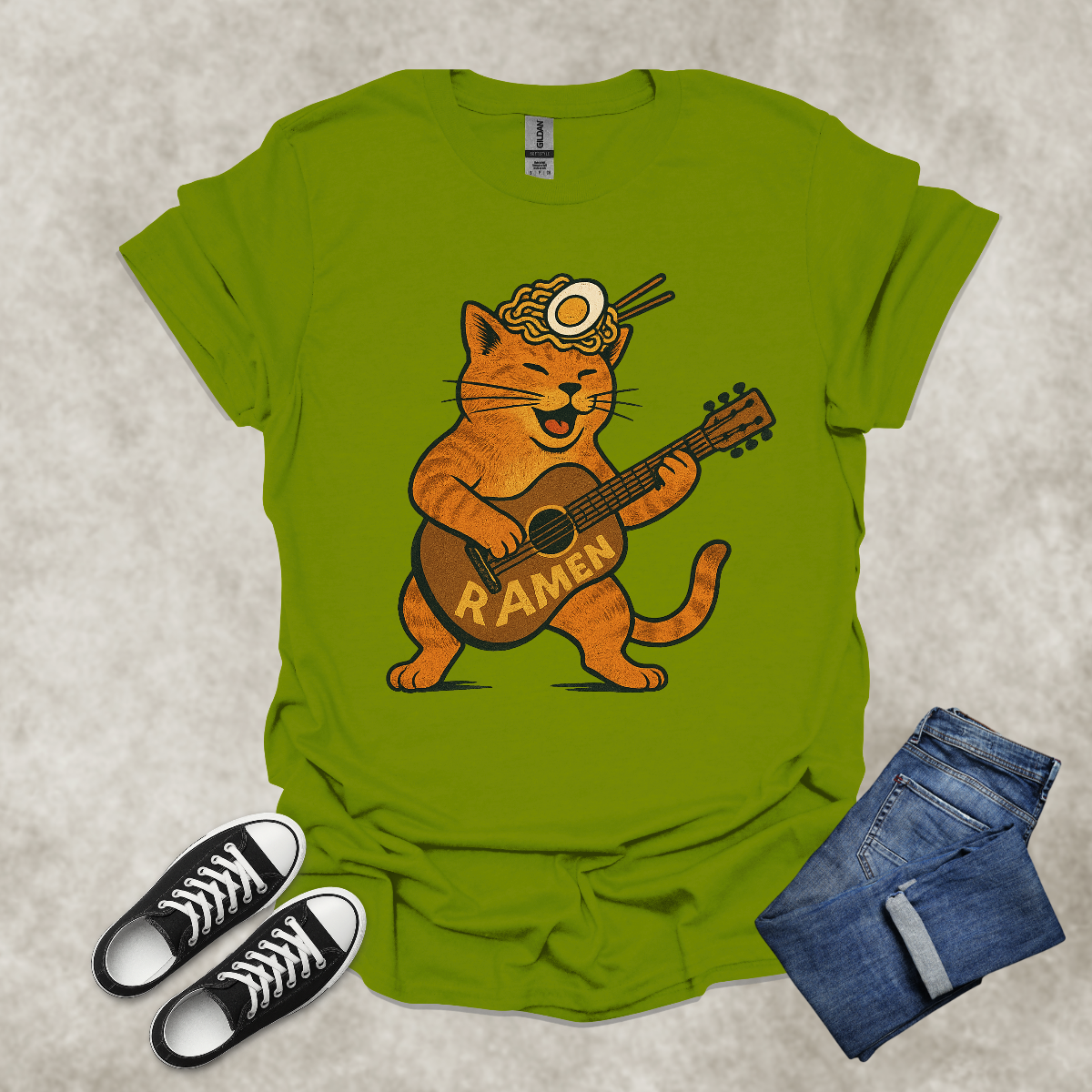 RAMEN GUITARIST CAT — Food & Music Satire Tee: Unisex Softstyle T-Shirt
