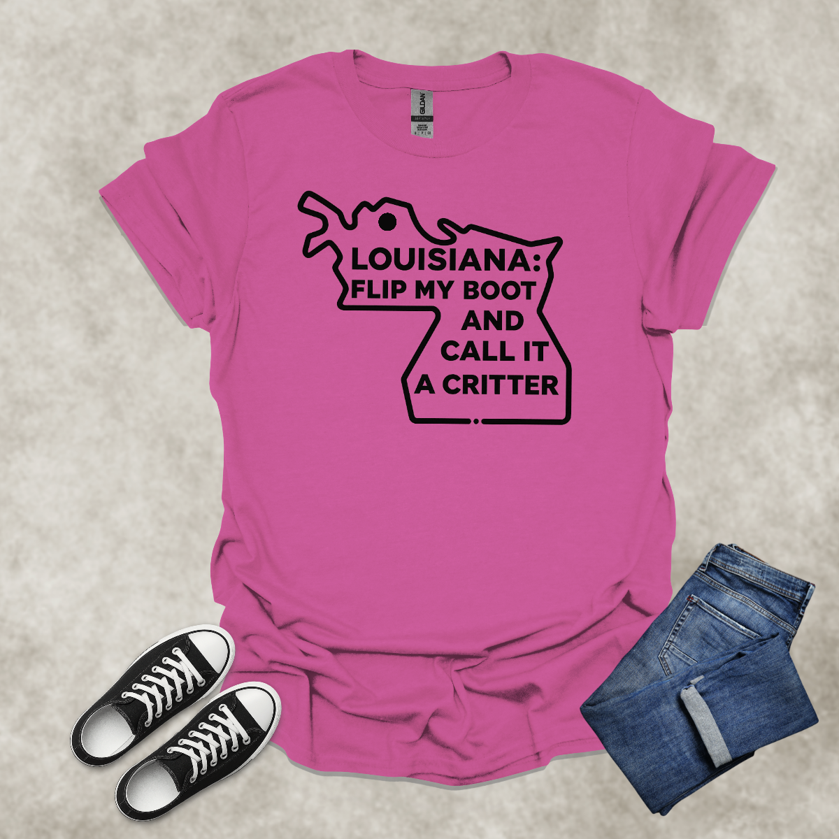 LOUISIANA: FLIP MY BOOT AND CALL IT A CRITTER — Cajun Humor Graphic Tee: Unisex Softstyle T-Shirt