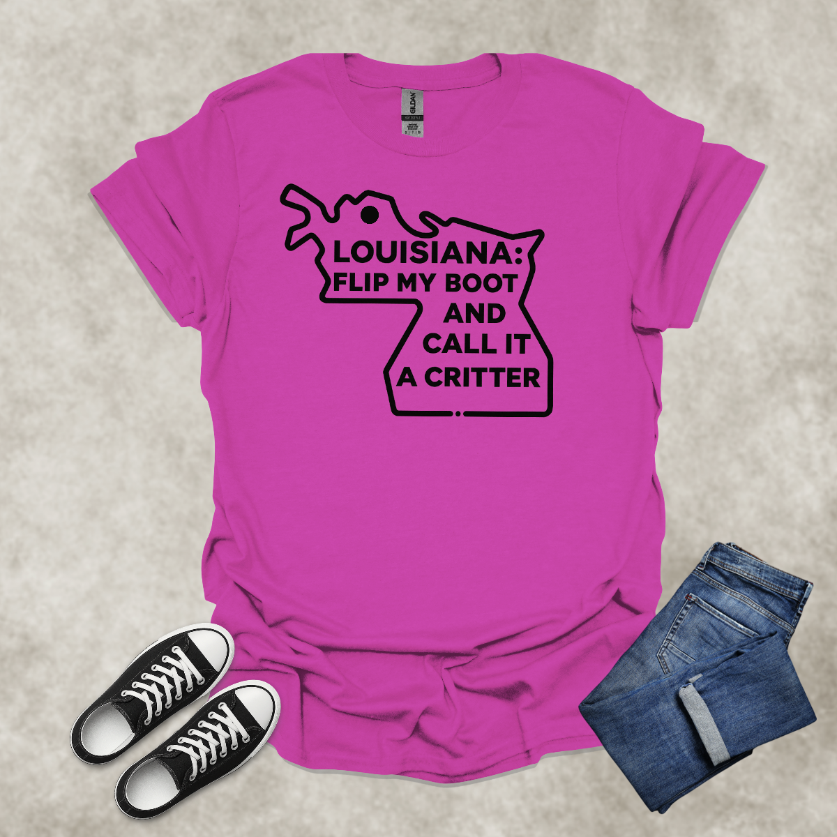 LOUISIANA: FLIP MY BOOT AND CALL IT A CRITTER — Cajun Humor Graphic Tee: Unisex Softstyle T-Shirt