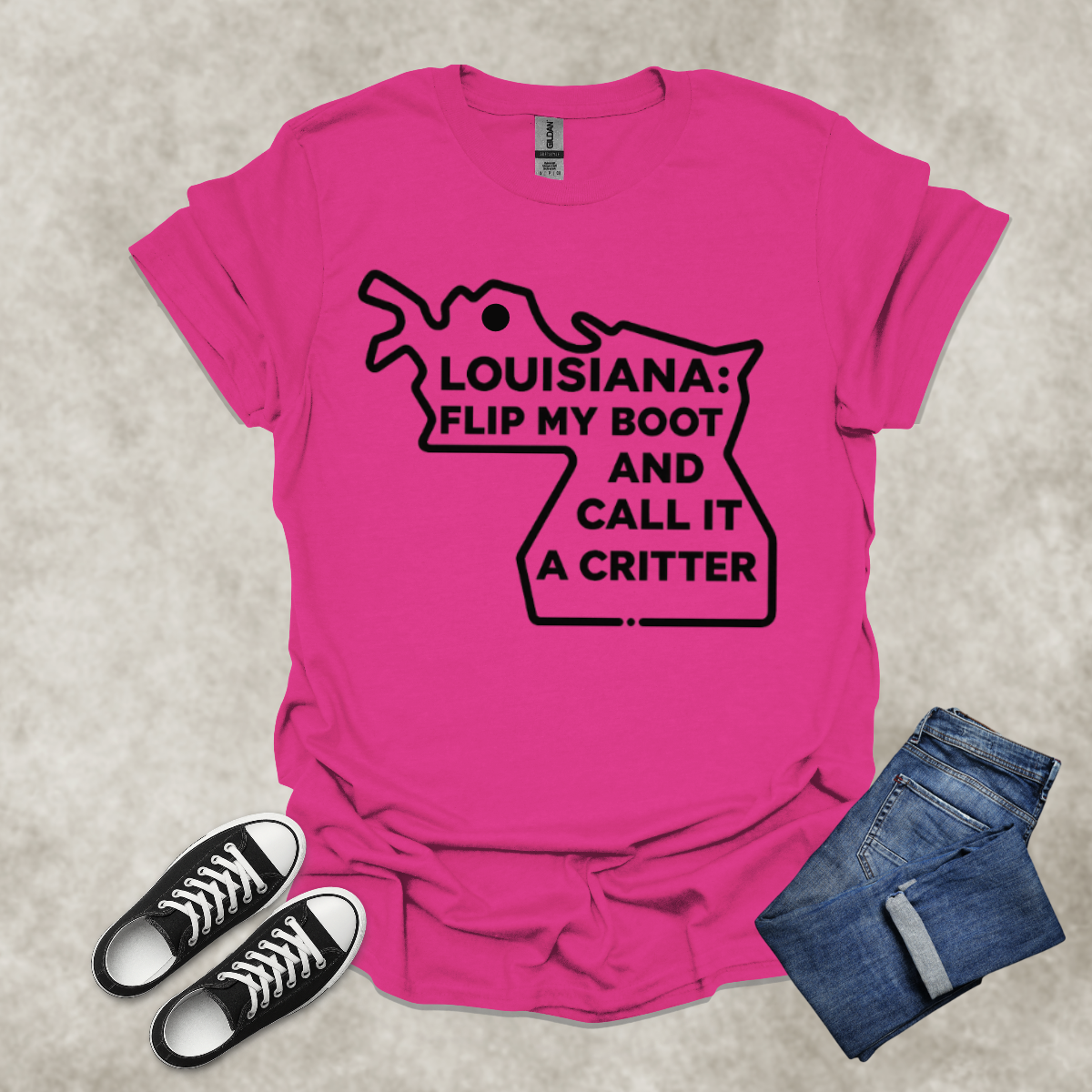 LOUISIANA: FLIP MY BOOT AND CALL IT A CRITTER — Cajun Humor Graphic Tee: Unisex Softstyle T-Shirt