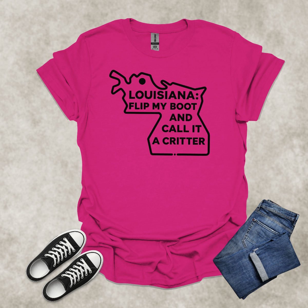 LOUISIANA: FLIP MY BOOT AND CALL IT A CRITTER — Cajun Humor Graphic Tee: Unisex Softstyle T-Shirt