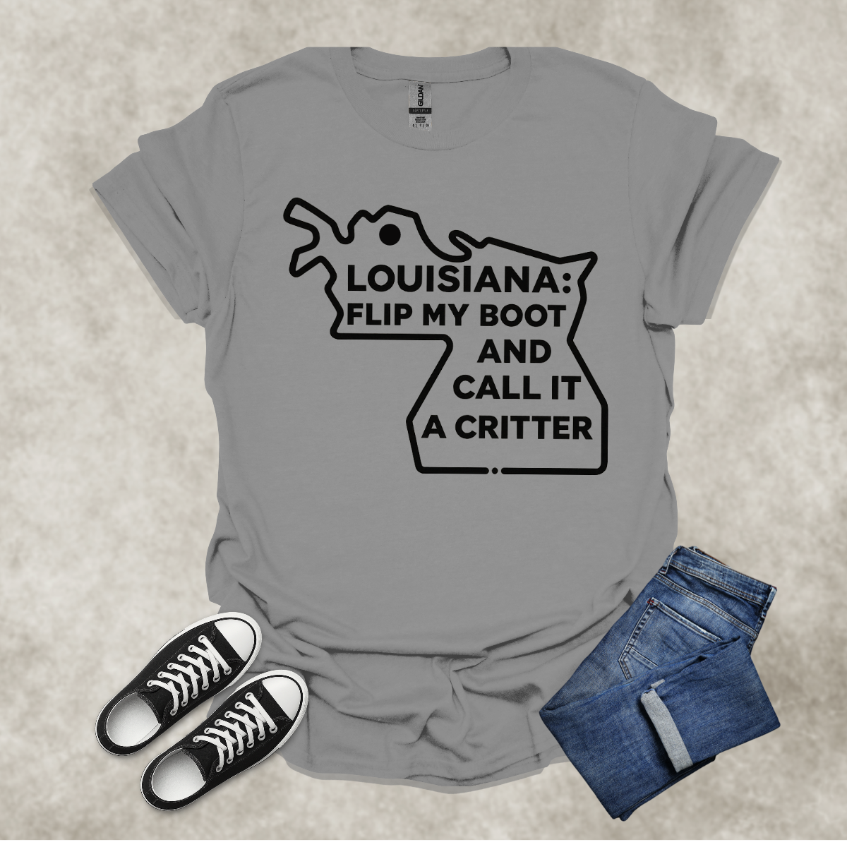 LOUISIANA: FLIP MY BOOT AND CALL IT A CRITTER — Cajun Humor Graphic Tee: Unisex Softstyle T-Shirt