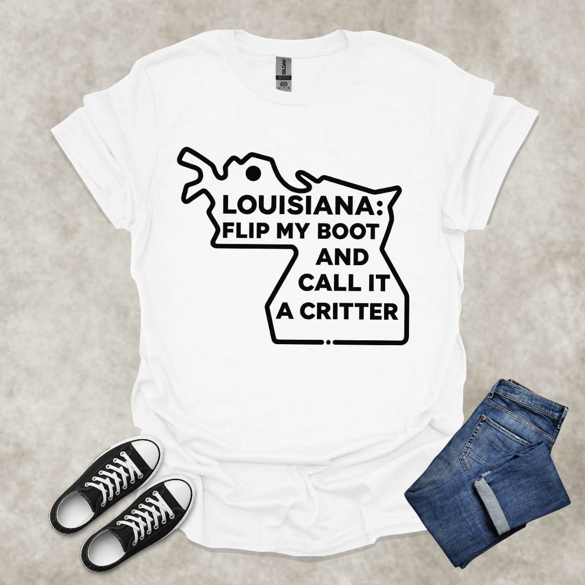 LOUISIANA: FLIP MY BOOT AND CALL IT A CRITTER — Cajun Humor Graphic Tee: Unisex Softstyle T-Shirt