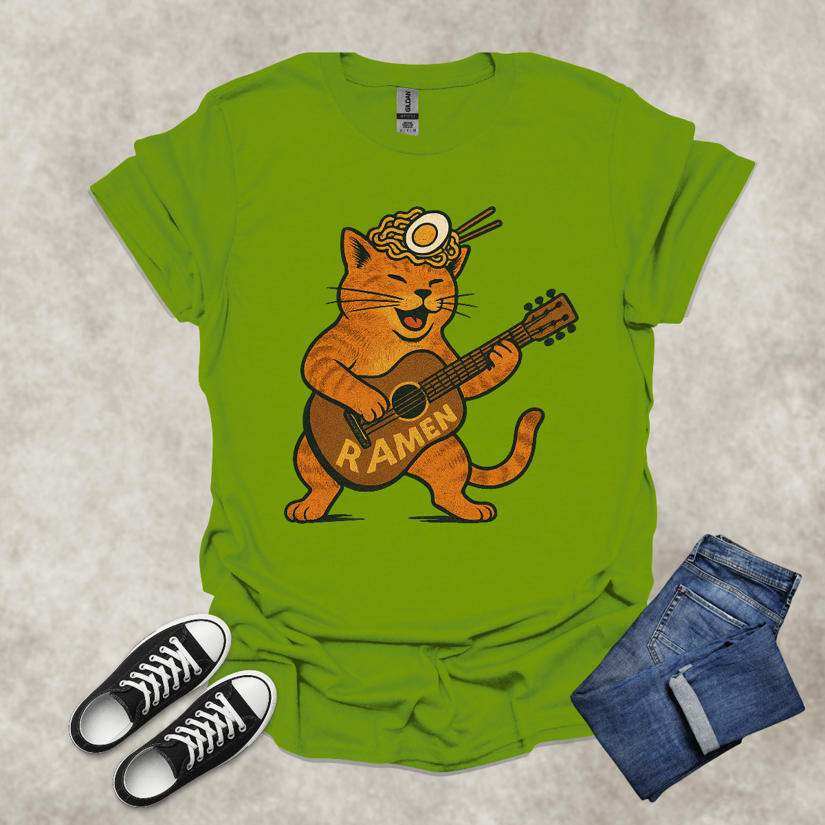 RAMEN GUITARIST CAT — Food & Music Satire Tee: Unisex Softstyle T-Shirt