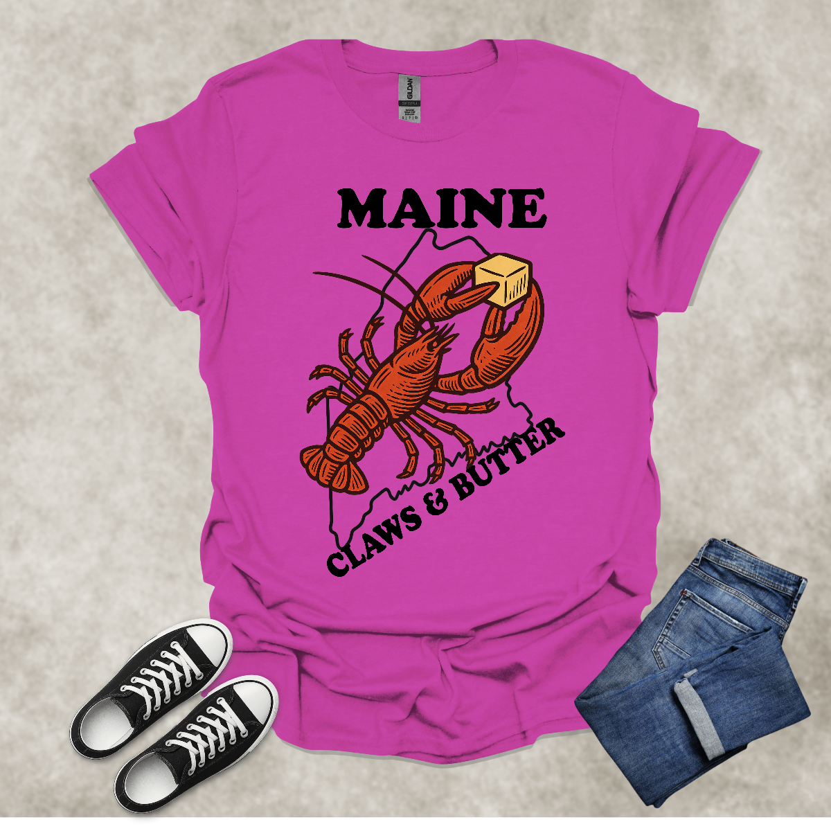 MAINE: CLAWS AND BUTTER — Lobster Humor Graphic Tee: Unisex Softstyle T-Shirt