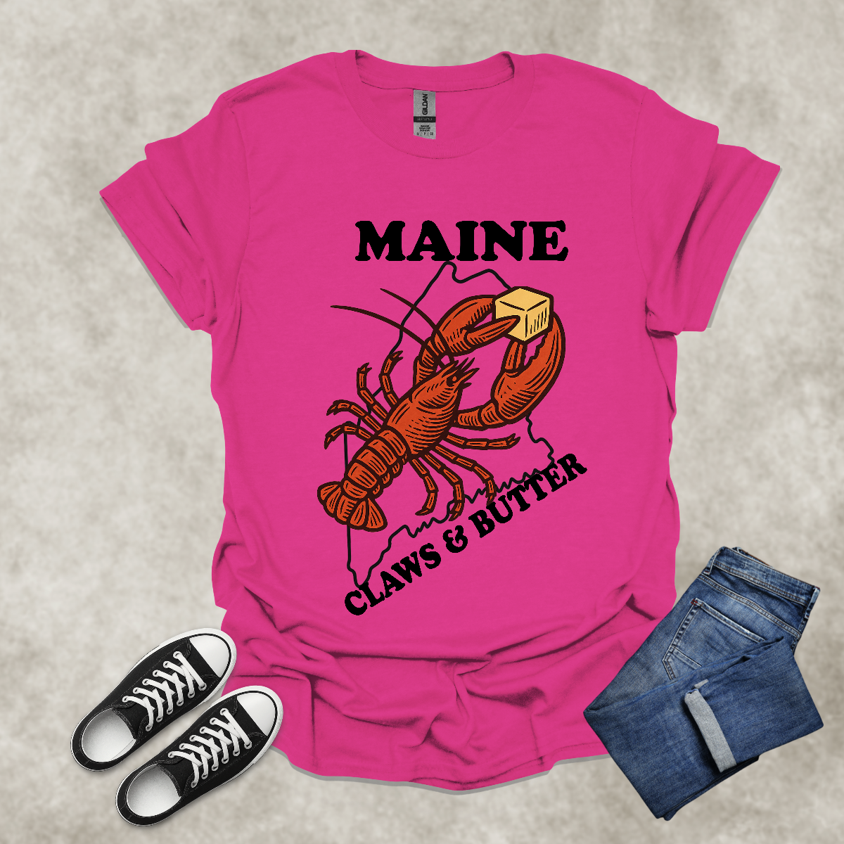MAINE: CLAWS AND BUTTER — Lobster Humor Graphic Tee: Unisex Softstyle T-Shirt