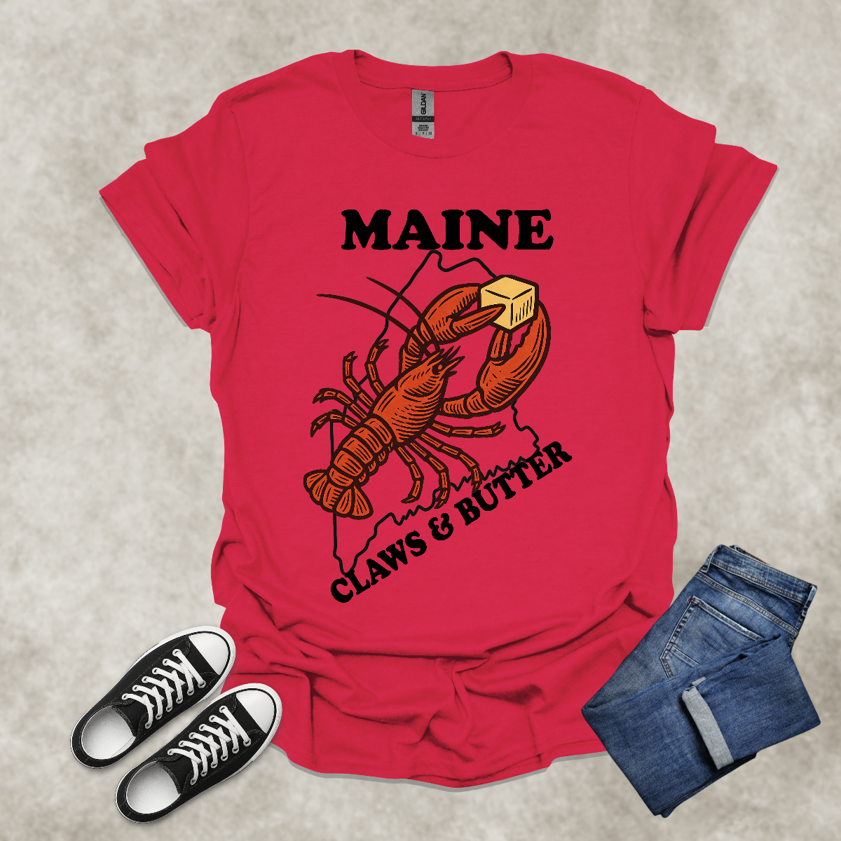 MAINE: CLAWS AND BUTTER — Lobster Humor Graphic Tee: Unisex Softstyle T-Shirt