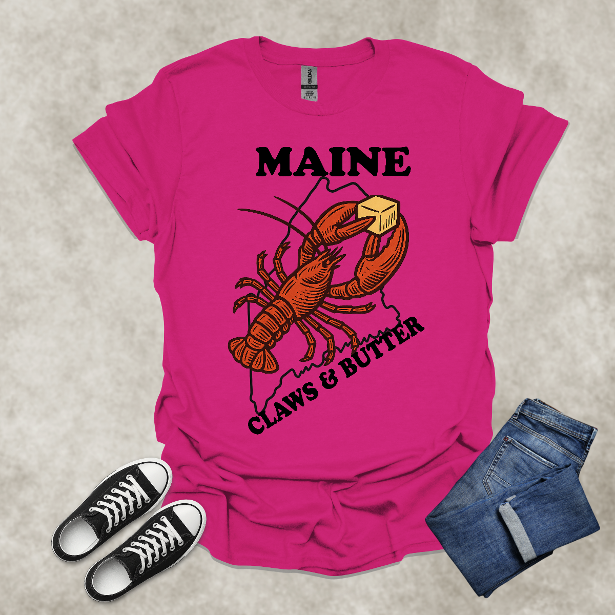 MAINE: CLAWS AND BUTTER — Lobster Humor Graphic Tee: Unisex Softstyle T-Shirt