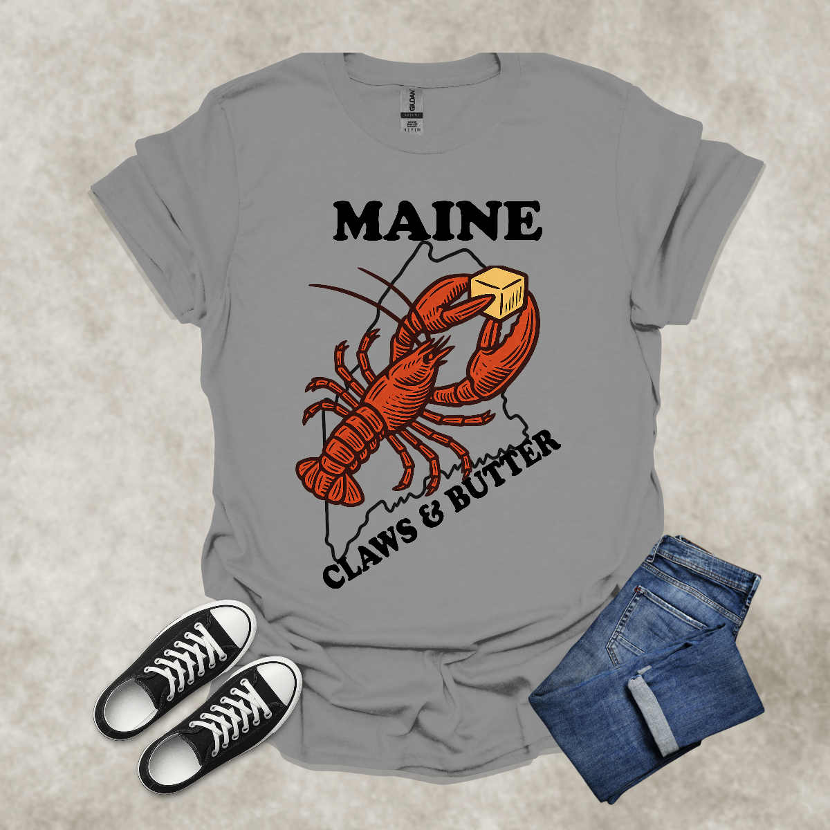 MAINE: CLAWS AND BUTTER — Lobster Humor Graphic Tee: Unisex Softstyle T-Shirt