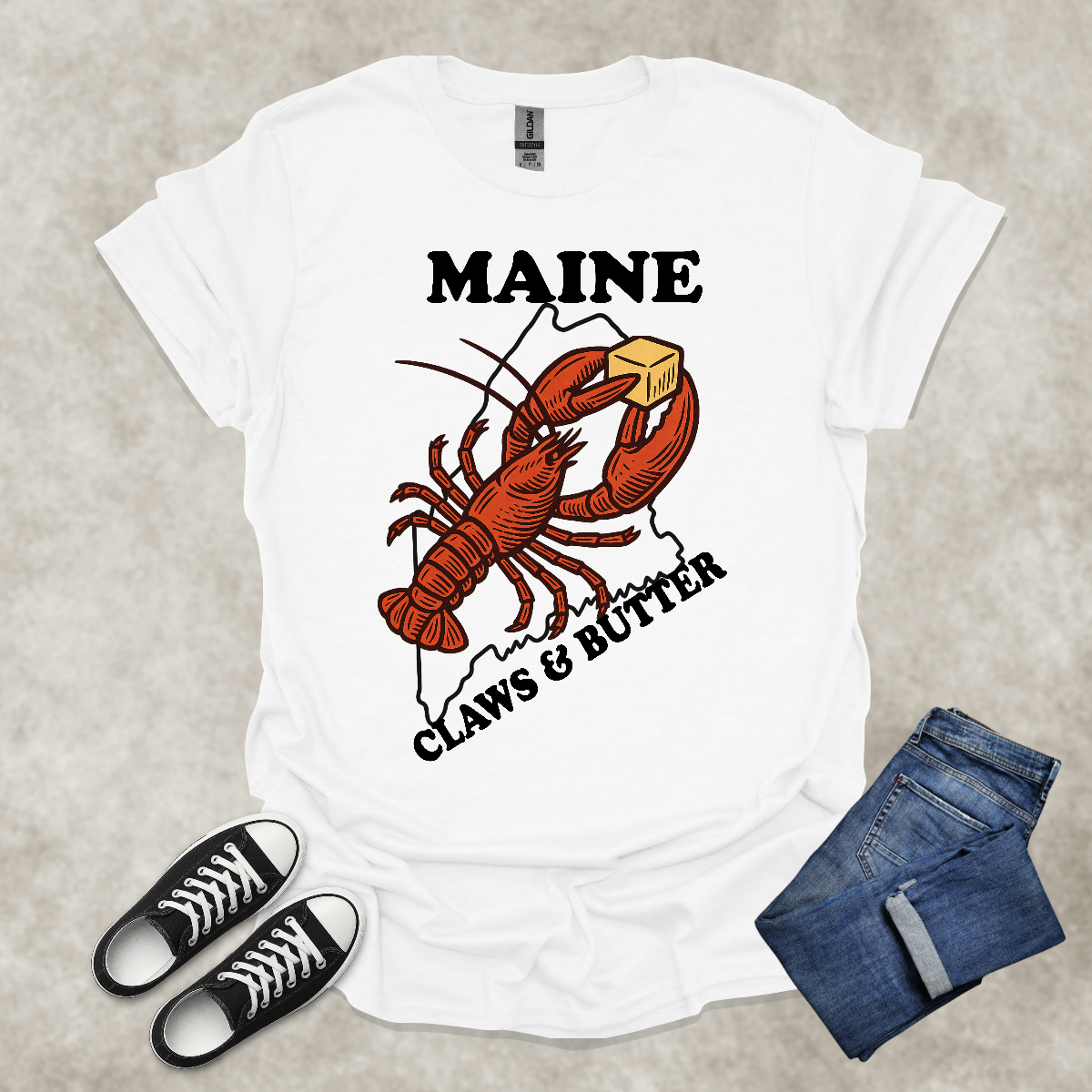 MAINE: CLAWS AND BUTTER — Lobster Humor Graphic Tee: Unisex Softstyle T-Shirt