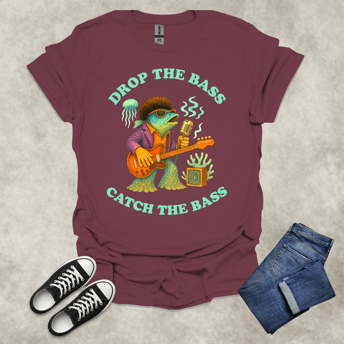 DROP THE BASS: CATCH THE BASS — Music & Fishing Satire Tee: Unisex Softstyle T-Shirt