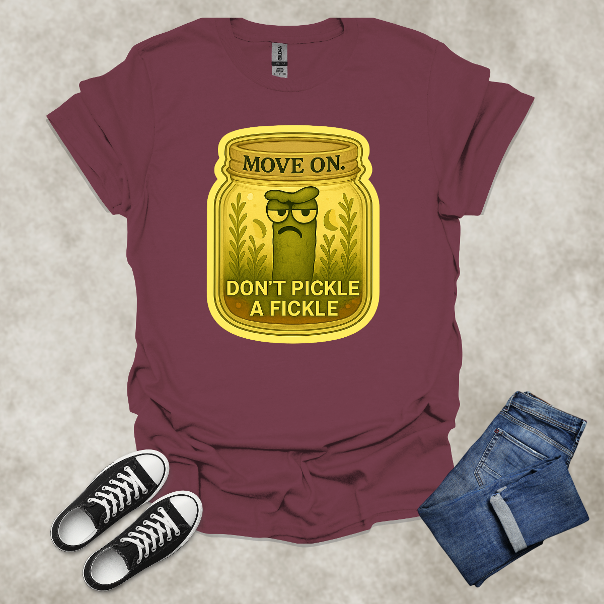 MOVE ON: DON’T PICKLE A FICKLE — Food & Relationship Satire Tee: Unisex Softstyle T-Shirt