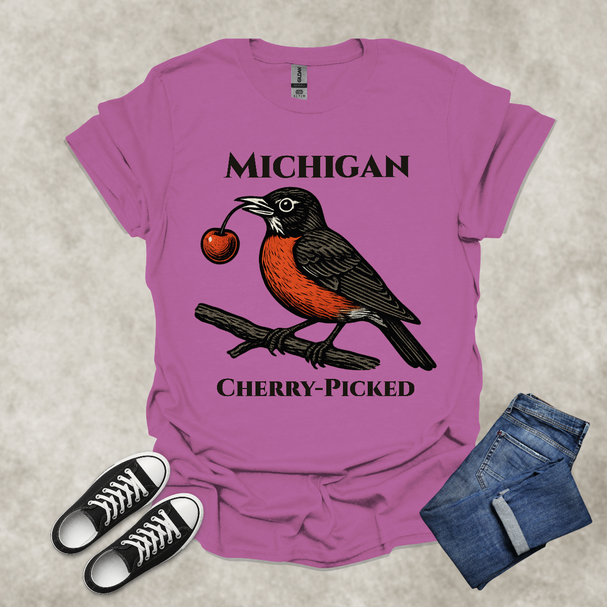 MICHIGAN: CHERRY-PICKED — State Pride Graphic Tee: Unisex Softstyle T-Shirt