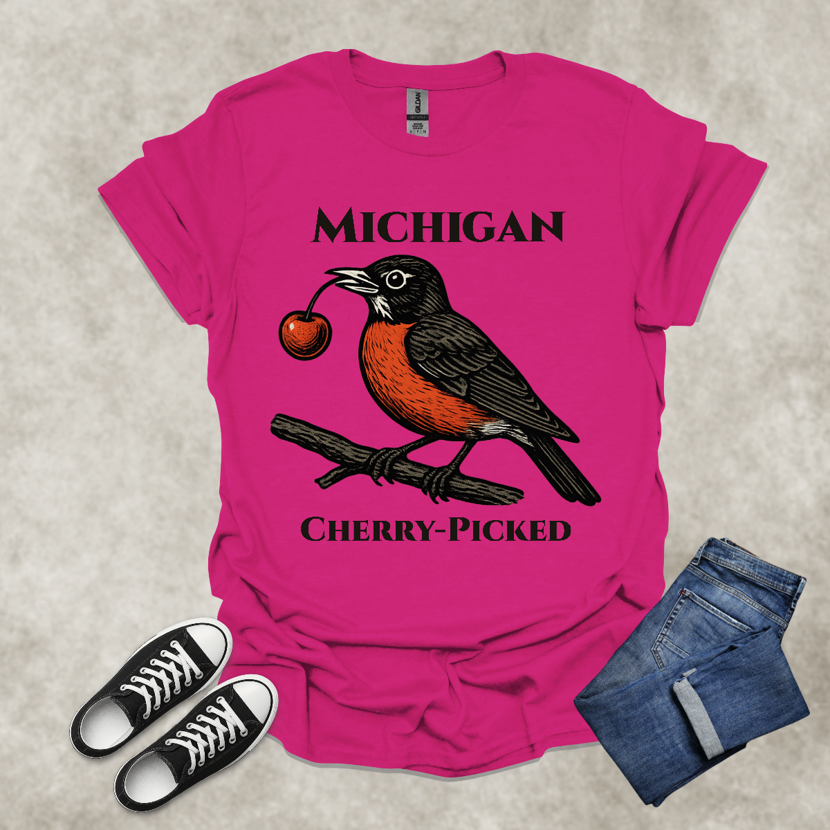 MICHIGAN: CHERRY-PICKED — State Pride Graphic Tee: Unisex Softstyle T-Shirt