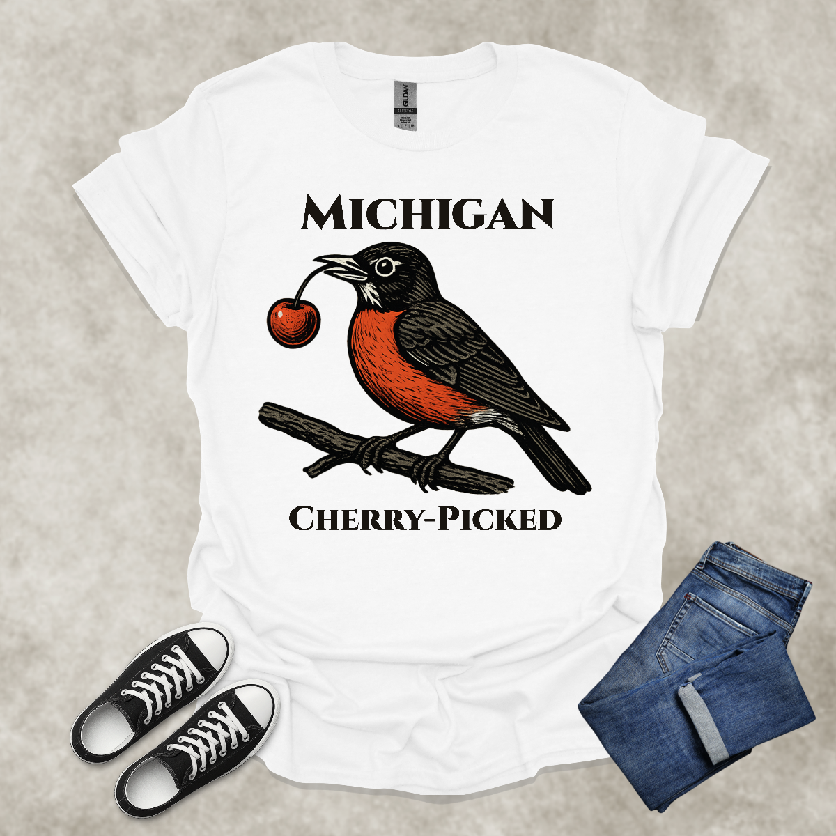 MICHIGAN: CHERRY-PICKED — State Pride Graphic Tee: Unisex Softstyle T-Shirt