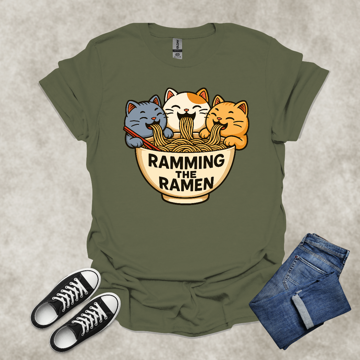 RAMMING THE RAMEN — Food & Cat Humor Tee: Unisex Softstyle T-Shirt