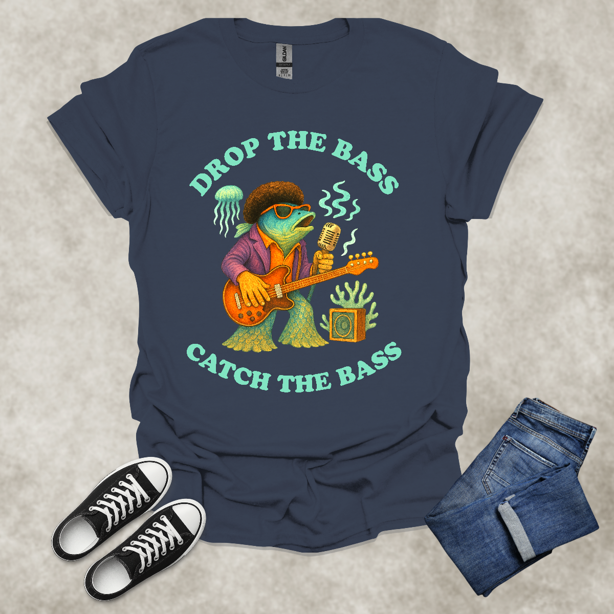 DROP THE BASS: CATCH THE BASS — Music & Fishing Satire Tee: Unisex Softstyle T-Shirt