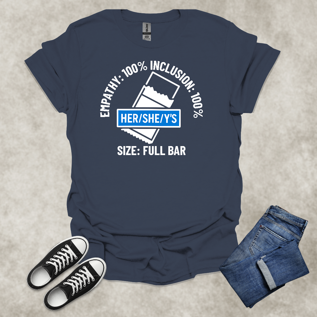 EMPATHY: 100%: INCLUSION: 100%: SIZE: FULL BAR: HER/SHE/Y'S — Corporate Satire Tee: Unisex Softstyle T-Shirt