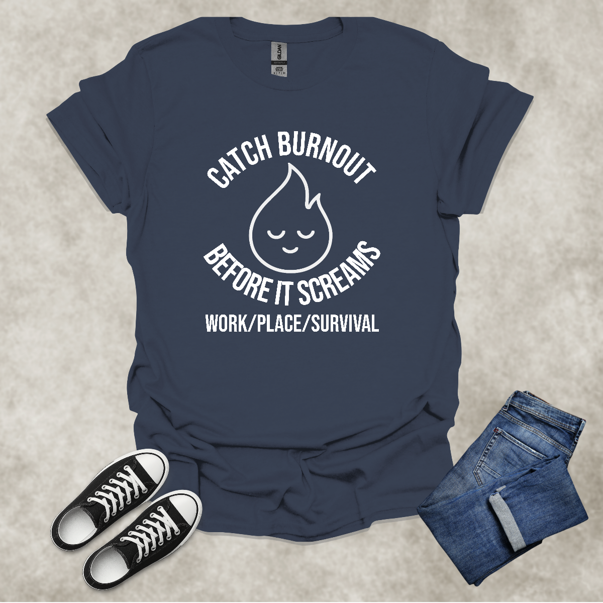 CATCH BURNOUT BEFORE IT SCREAMS: WORK/PLACE/SURVIVAL — Corporate Satire Tee: Unisex Softstyle T-Shirt