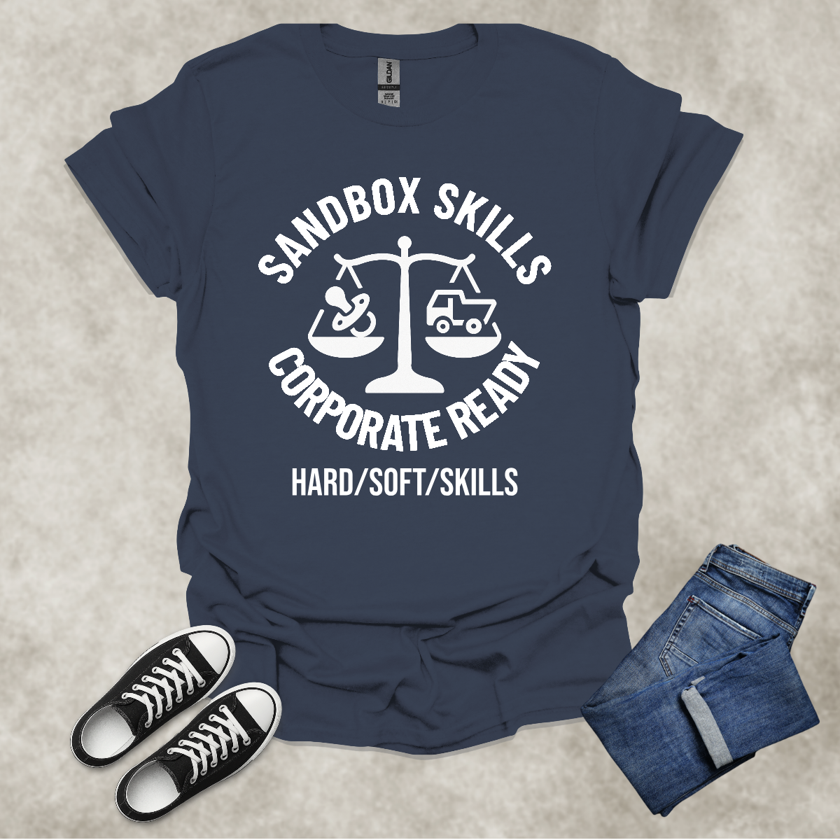SANDYBOX SKILLS: CORPORATE READY: HARD/SOFT/SKILLS — Corporate Satire Tee: Unisex Softstyle T-Shirt