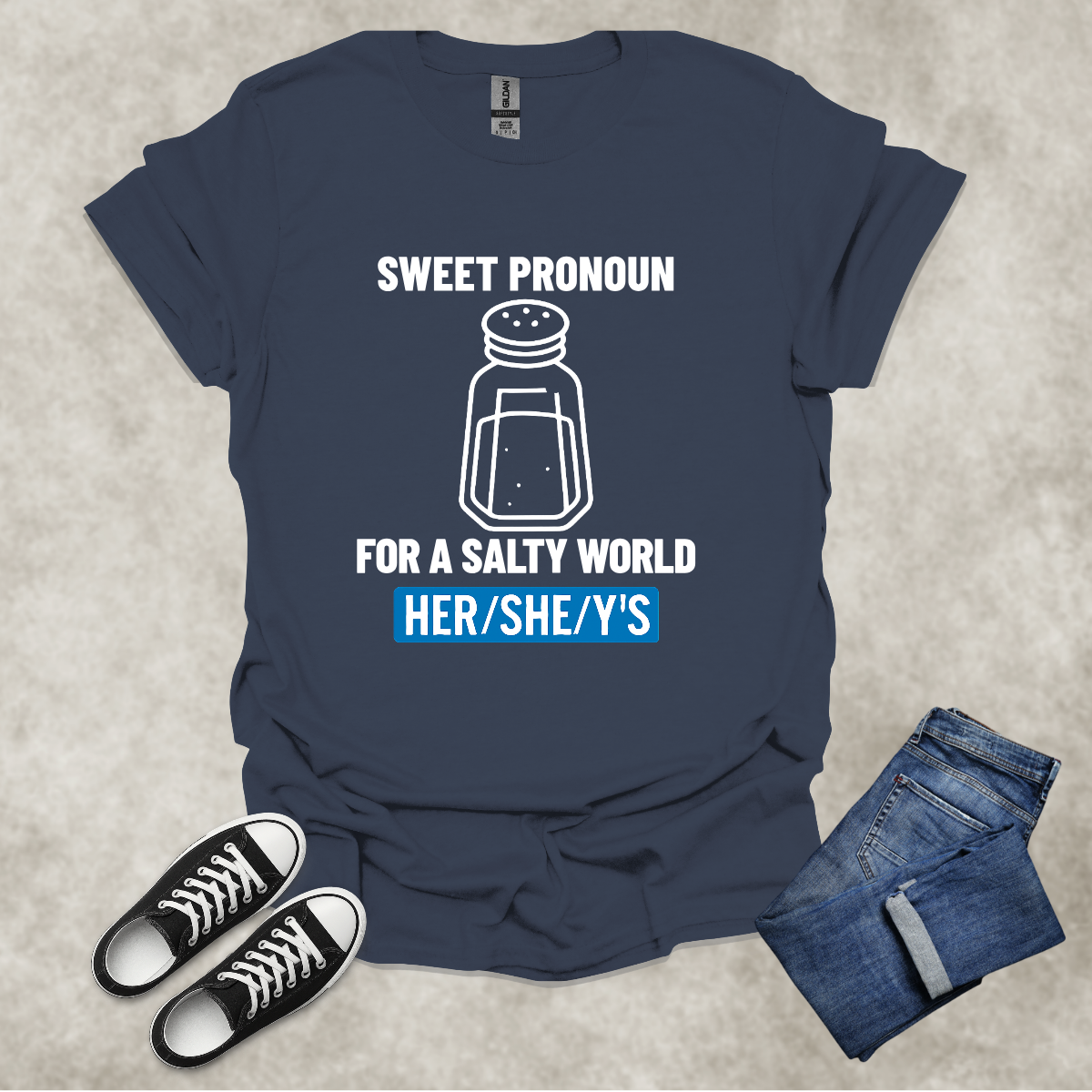 SWEET PRONOUN FOR A SALTY WORLD: HER/SHE/Y'S — Corporate Satire Tee: Unisex Softstyle T-Shirt