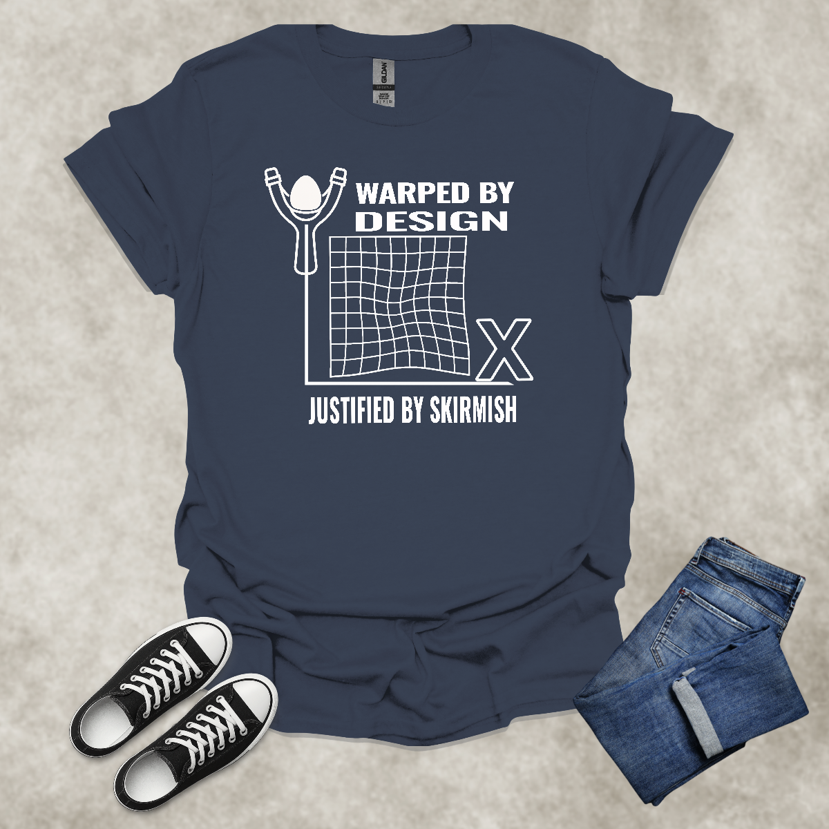 WARPED BY DESIGN: JUSTIFIED BY SKIRMISH — Corporate Satire Tee: Unisex Softstyle T-Shirt