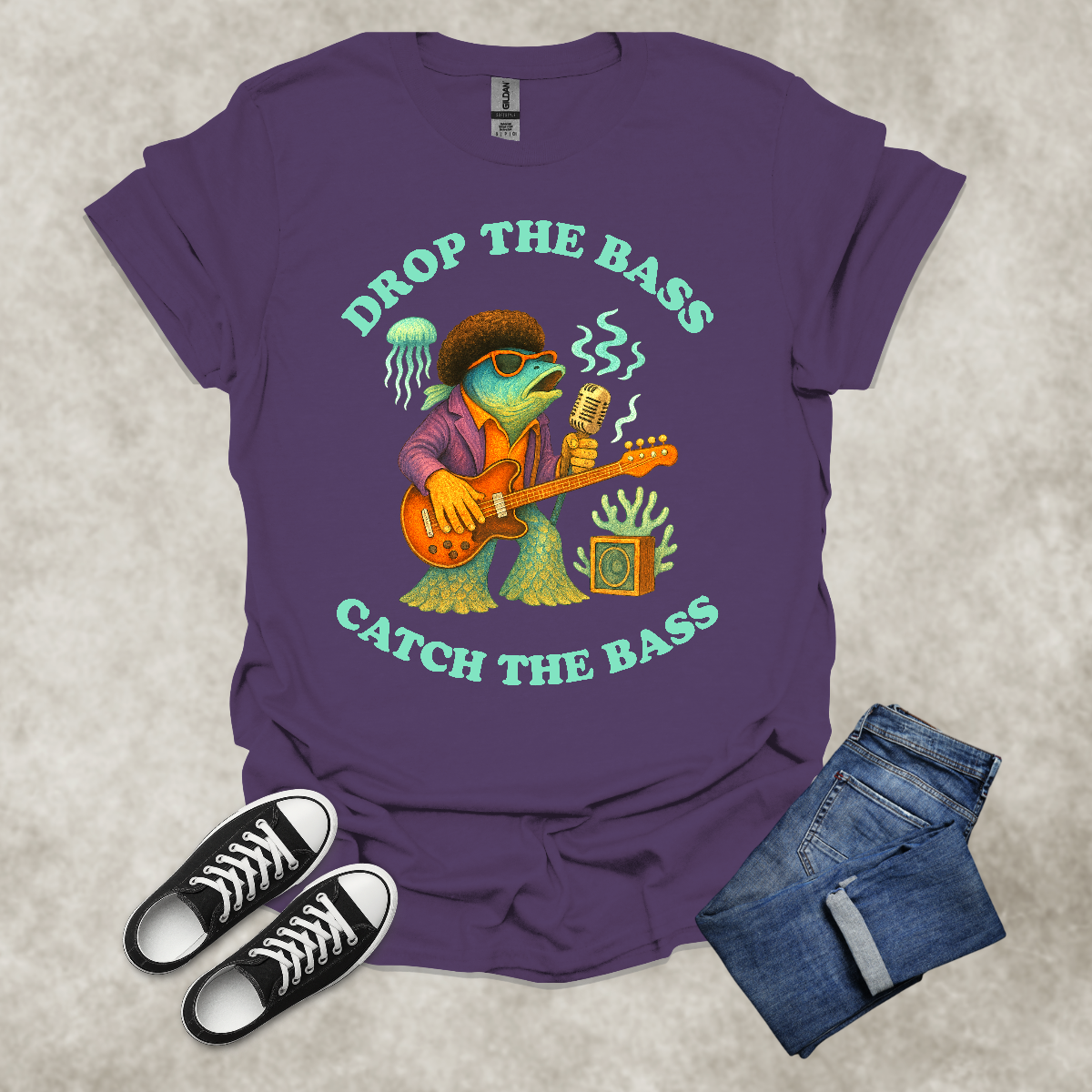 DROP THE BASS: CATCH THE BASS — Music & Fishing Satire Tee: Unisex Softstyle T-Shirt