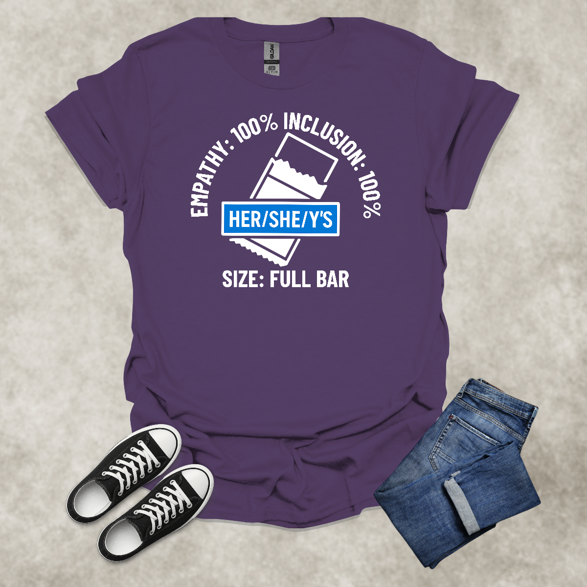 EMPATHY: 100%: INCLUSION: 100%: SIZE: FULL BAR: HER/SHE/Y'S — Corporate Satire Tee: Unisex Softstyle T-Shirt
